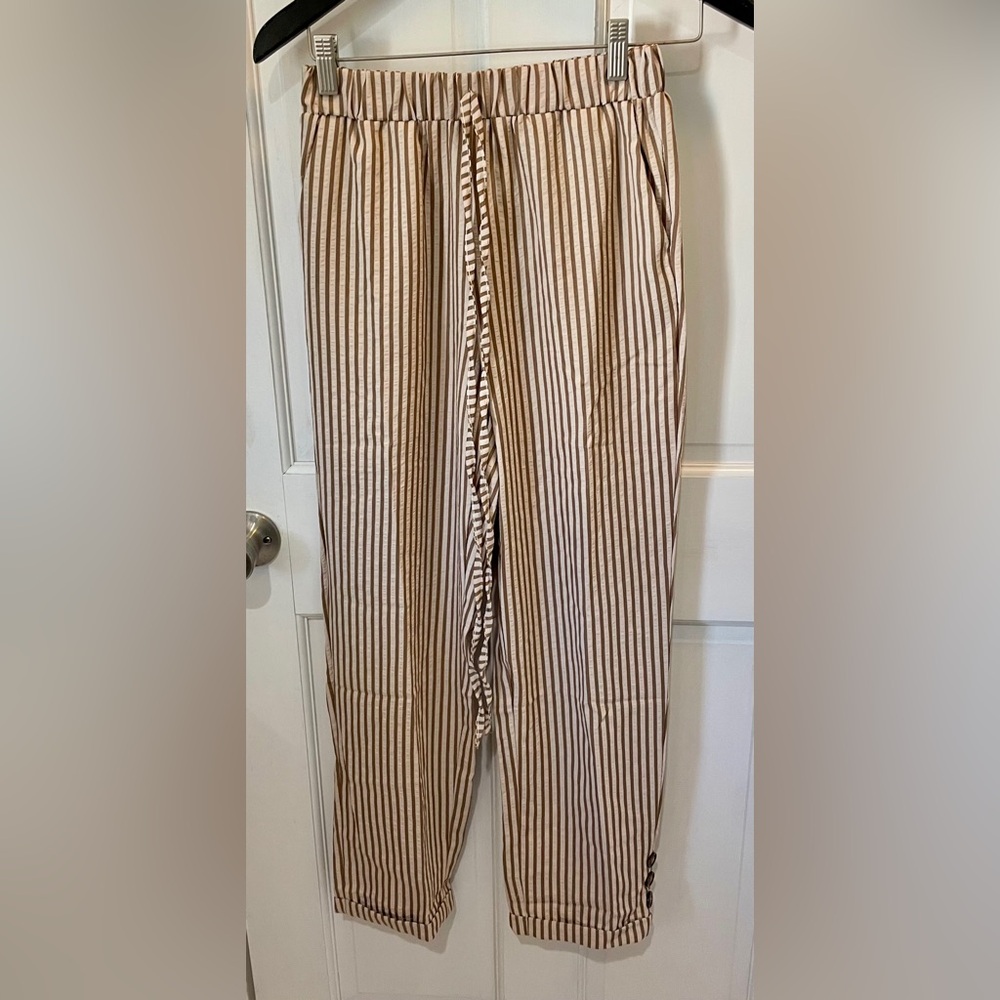 Brown and White Pants with Stripes